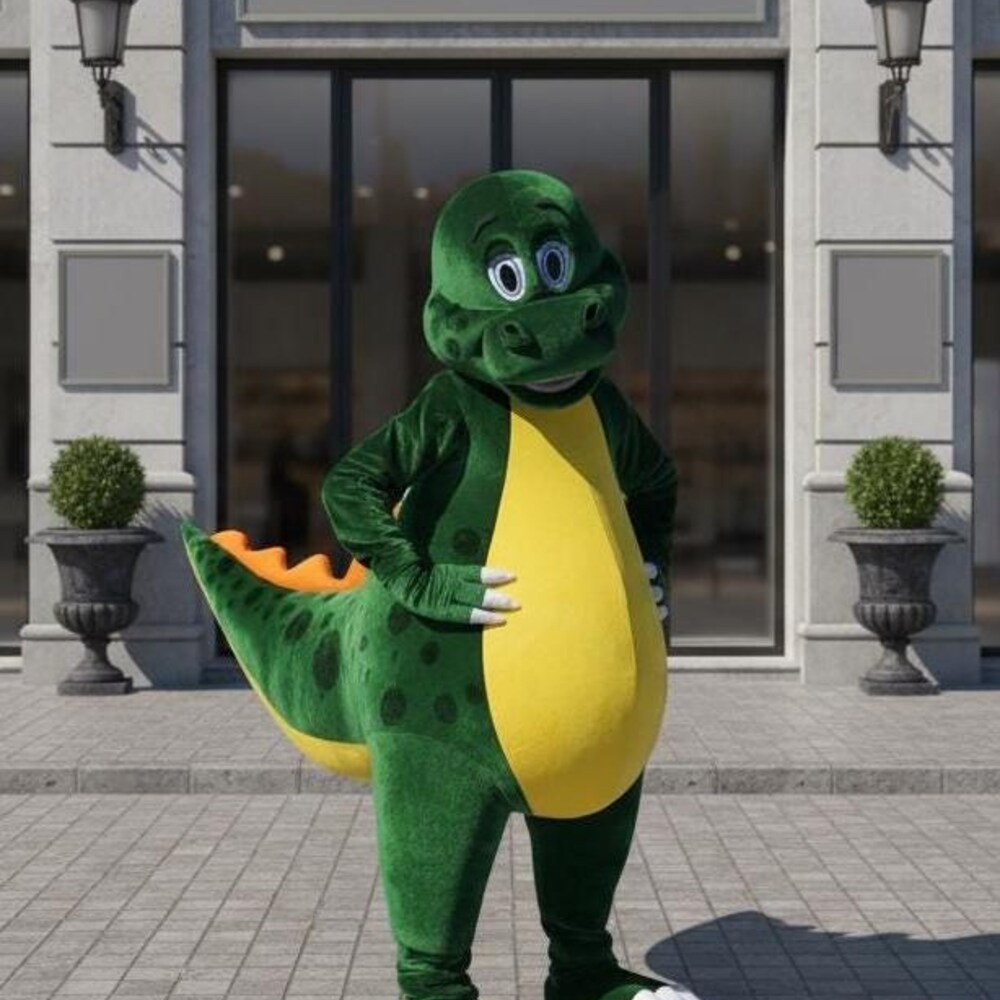 Custom green dinosaur mascot costume